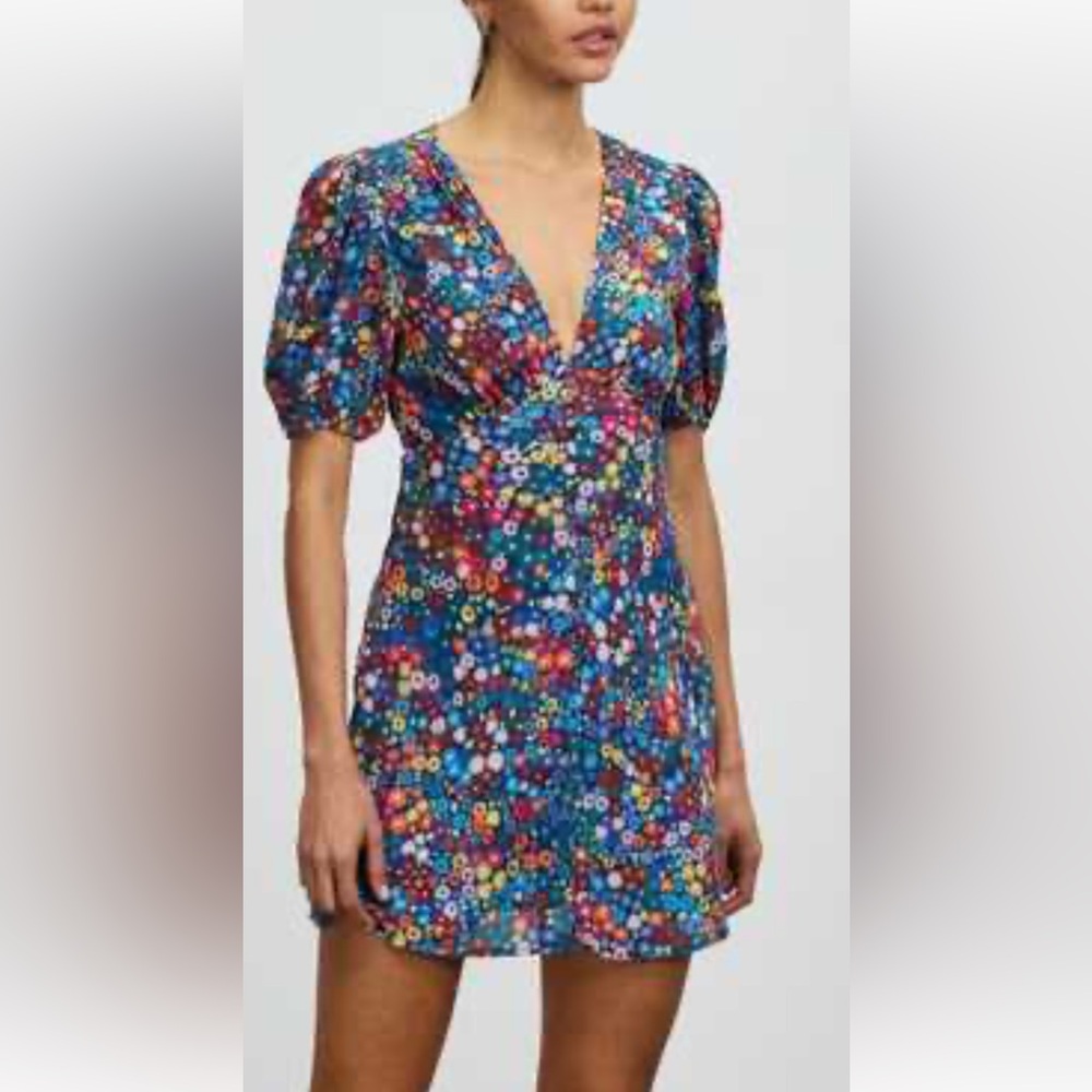 STAUD Milla Rainbow Flower Market Print Mini Dress V Neck Puff Sleeves Size 10